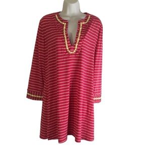 St John size 10 (medium) tunic dress dark pink with white stripes long sleeves.